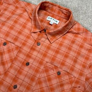 Orvis‎ Mens Button Up Short Sleeve Shirt Fishing Plaid Orange Outdoor L